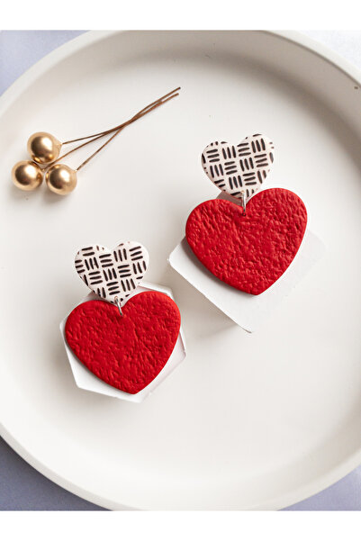 BeuBella Aksesuar Özel Tasarım Polimer Kil Kırmızı ve Ekose Kalp Küpe