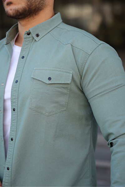 WOWA COMPANY Ανδρικό τζιν πουκάμισο με μακρυμάνικο μέντα με τσέπες
