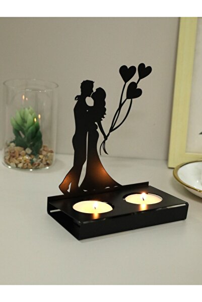 VENON 💖METAL Siyah Romantik Çift Silüet Kalpli Dekoratif Mumluk Sevgililer G...