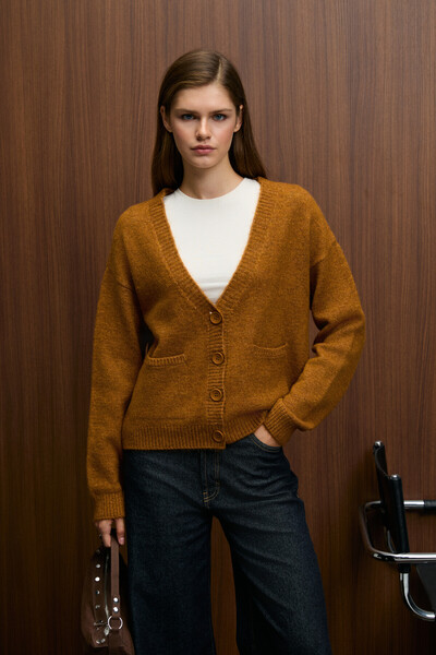 GRIMELANGE Esencia Women's V-Neck Long Sleeve Buttoned Pocketed Soft Textured Regular Knitwear Saffron Yellow Sweater