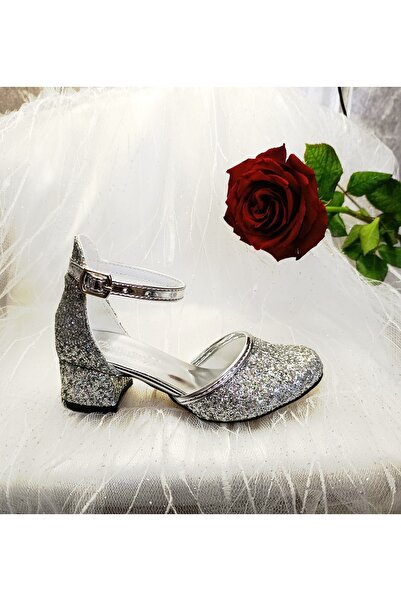 patik ayakkabı Girl's Silver Broken Glass Square Heeled Evening Dress Shoes