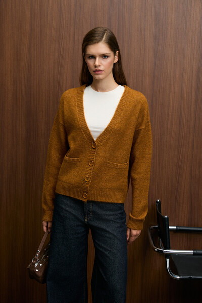 GRIMELANGE Esencia Women's V-Neck Long Sleeve Buttoned Pocketed Soft Textured Regular Knitwear Saffron Yellow Sweater