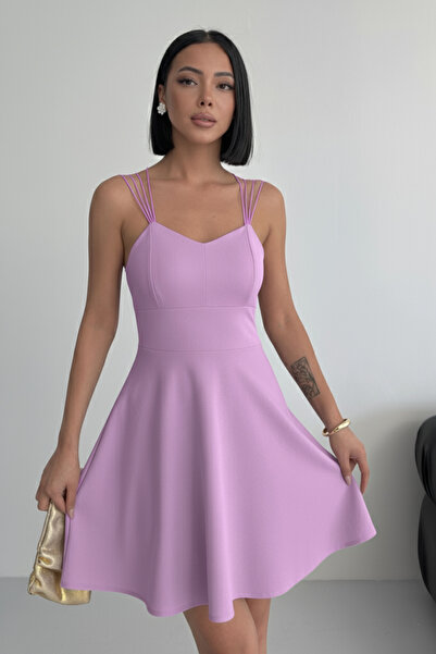 ALFUDO Moda Collection İnce Askılı Sırt Dekolteli Volan Kloş Mezuniyet Elbisesi Lila