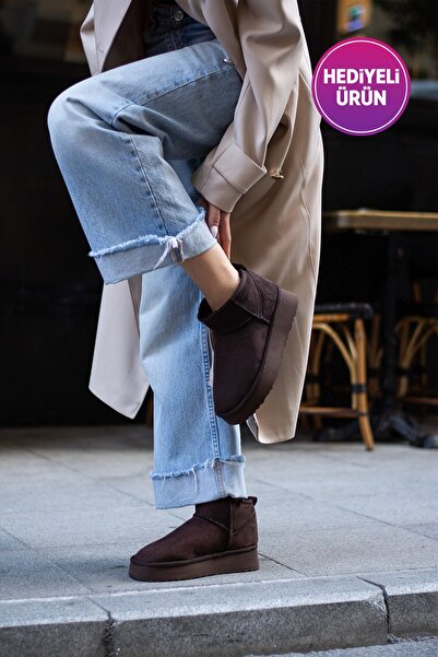 Zintra Kadın Süet Mini Kahverengi Bot – İç Kürklü, Kalın Tabanlı Bilekte Şık Bot