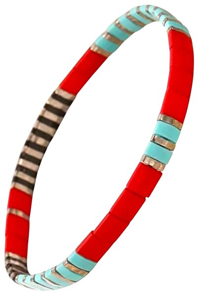 NAZLI TAKILAR سوار ميوكي تيلا مصنوع يدويًا من الخرز الزجاجي المرن بألوان أحمر...