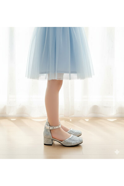 patik ayakkabı Girl's Silver Broken Glass Square Heeled Evening Dress Shoes