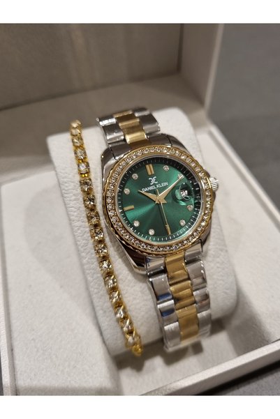 Daniel Klein New Model Dk - Yellow Bicolor Steel Bracelet Green Dial Women's Wrist Watch+Gift Bracelet