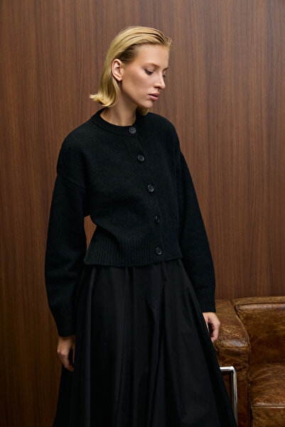 GRIMELANGE Pureza Women's Round Neck Long Sleeve Buttoned Soft Textured Regular Fit Knitwear Black Sweater