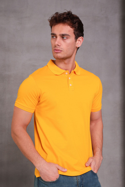 COTTONLAB Men's Slim Fit Slim Fit Cotton Soft Texture Breathable Fabric Non Curling Collar Yellow Polo Neck T-Shirt