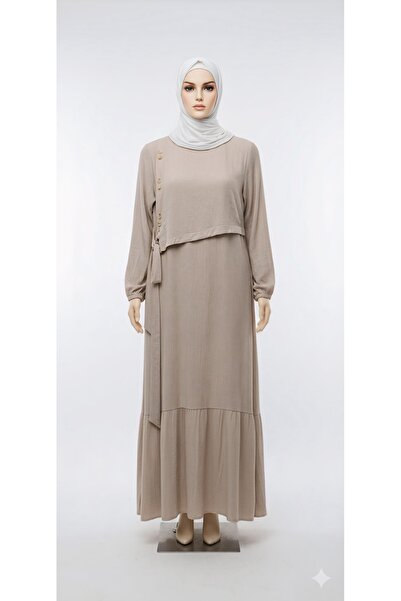 moda acar Ανοιχτό μπεζ φόρεμα με λεπτομέρεια με κορδόνια από ύφασμα φράουλας