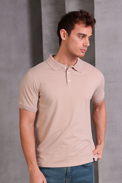 COTTONLAB Men's Close-Fitting Slim Fit Cotton Soft Texture Breathable Fabric Non-Curling Collar Beige Polo Collar T-Shirt