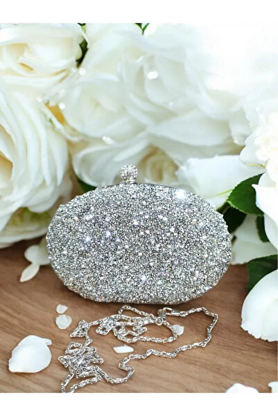 Jale Kadın Şık Gümüş Kol Ve Omuz Clutch Portföy Taşlı Abiye Çanta