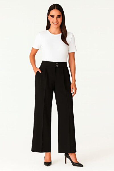 enmodaiçgiyim Promotion Price Black High Waist Wide Leg Palazzo Pants – Stretchy Textured Fabric, Flowy Wide Leg