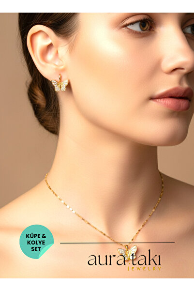 AURA Zirkon Taşlı Kelebek Kolye Küpe Kombin Altın Renk