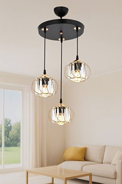 ESSLİGHT Ahsen 3 Lü Sarkıt Avize Kristal Taşlı Modern Dekoratif Aydınlatma