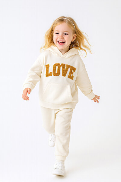 minibambi Girl's Raised Love Printed Hooded Sweatshirt