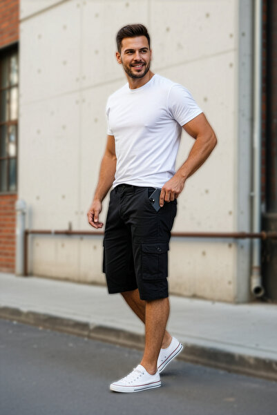 modacix Likralı Gabardin Bermuda Şort - Erkek Şort - Kapri Şort - Siyah Şort