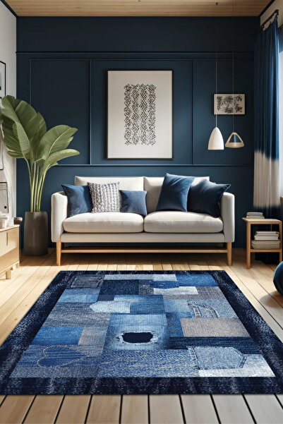 The Reef Design Patchwork Jean Halı Dijital Baskı Oturma Odası Halısı Lacivert Denim Görünümlü Yazlık Halısı