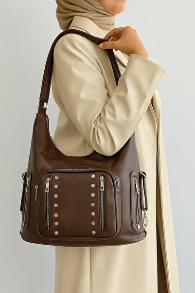 çantamgelsin Soft Faux Leather Brown Women's Bag Suitable for Hand Shoulder and Back Use 34*41 cm