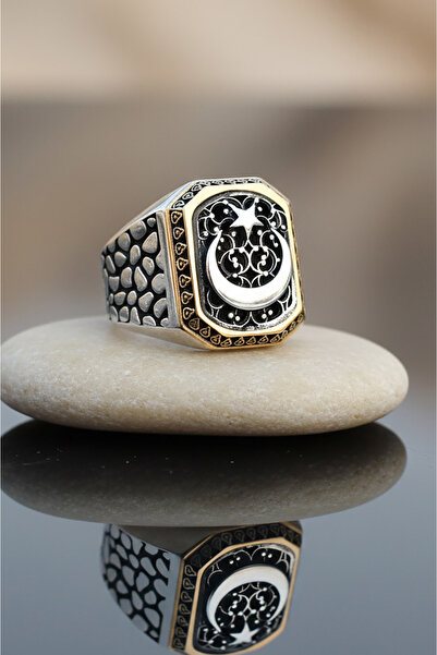 Takıdepo Erkek Benekli Model Ay Yıldızlı Taşsız Gümüş Yüzük