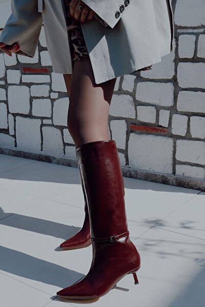 POLKA STORE Fall Kitten Heel Below-The-Knee Pointed Toe Piping Tape Detail Matte Leather Women's Boots Burgundy Wrinkled Patent Leather