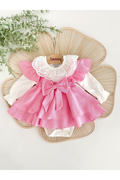 Jammybaby Luana Jile Elbise Fiyonklu %100 Pamuk Dantelli Çıtçıtlı Body Doğumgünü Özelgün Kız Bebek Şık Takım