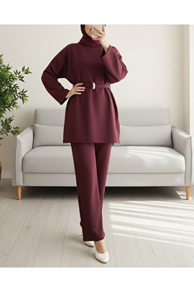 Modamorfo Round Neck Belted Waist Scuba Suit - Burgundy