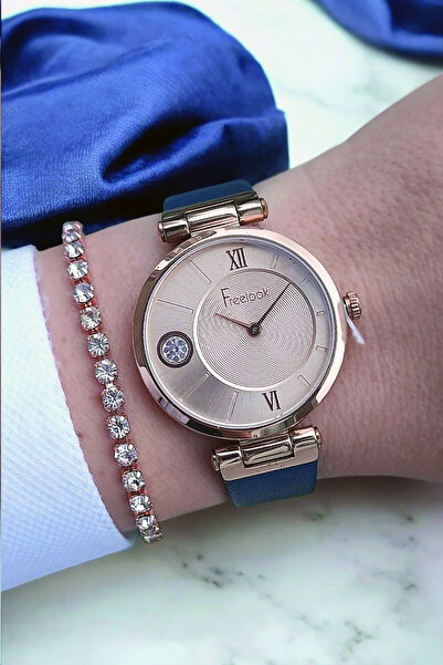 Freelook Kadın Lacivert Deri Kayışlı Taşlı Kol Saati, Taşlı Bileklik Hediyeli