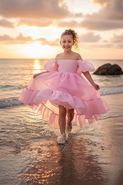 ABİYEKİDS فستان سهرة فاخر للأطفال من الشيفون المنفوش ذو ياقة مادونا ABY218