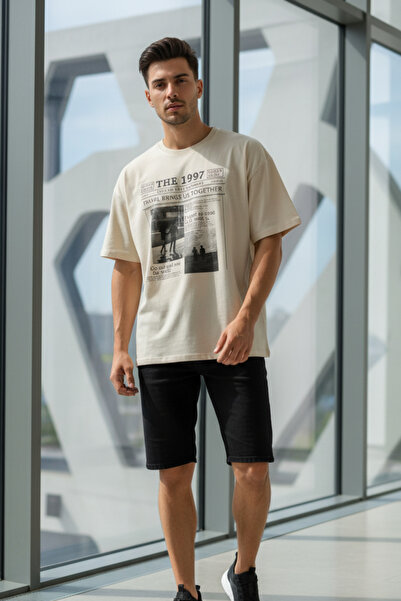 UNCİA OUTDOORS tricou de bază oversize unisex cu decolteu cu imprimeu de ziar