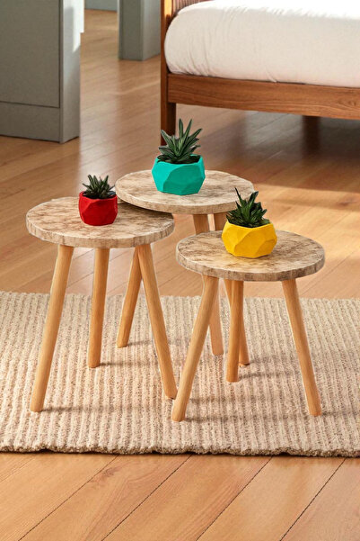 HESA 3lü mermer desenli Zigon sehpa ahşap ayaklı stand