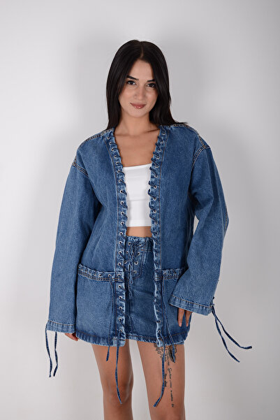 Marjinal Kadın Kuşgözü Detaylı Denim Takım