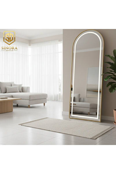 SİNORA DEKOR Işıklı Metal Çerçeveli influencer Boy Ayna Gold – Ayaklı & Katla...
