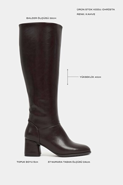 NİŞANTAŞI SHOES Christa Kahve Raşel Rustik Desen Küt Burun Kadın Topuklu Çizme