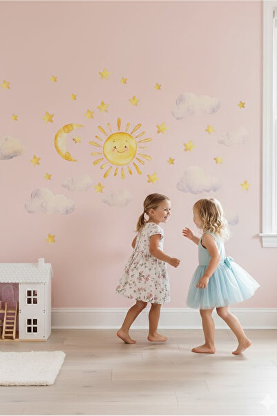 Kt Grup مجموعة ملصقات حائط بألوان مائية على شكل غيوم الشمس والنجوم والقمر