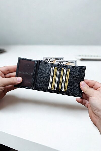 VANİLLA COLLECTİON Genuine Leather Wallet Small Size 9 Card Compartments Black