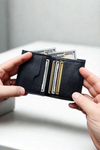 VANİLLA COLLECTİON Genuine Leather Wallet Small Size 9 Card Compartments Black