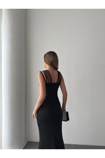 Bijuterria Women's Shoulder Multi-Strap Front Stone Embroidered Fish Cut Janjan Crepe Maxi Length Dress