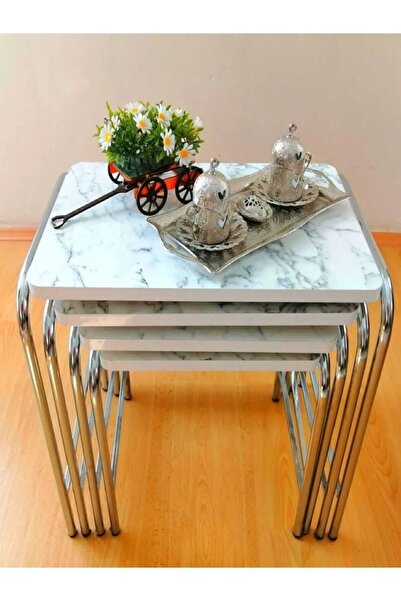 HOMEBELLA Beyaz Mermer Desen Zigon Sehpa 1. Kalite Krom Nikelaj Tse E1 Onaylı...