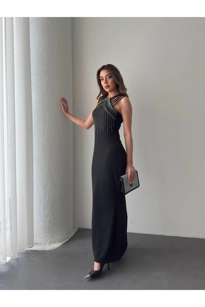 Bijuterria Women's Shoulder Multi-Strap Front Stone Embroidered Fish Cut Janjan Crepe Maxi Length Dress