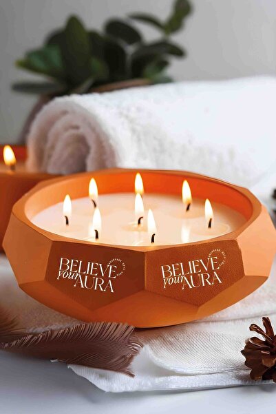 Believe Your Aura Sandal Ağacı Kokulu Mum - %100 Soya Mumu El Yapımı Turuncu ...