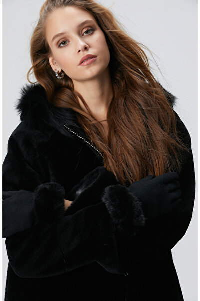 Network Siyah Kapüşon Yakalı Deri Kaban