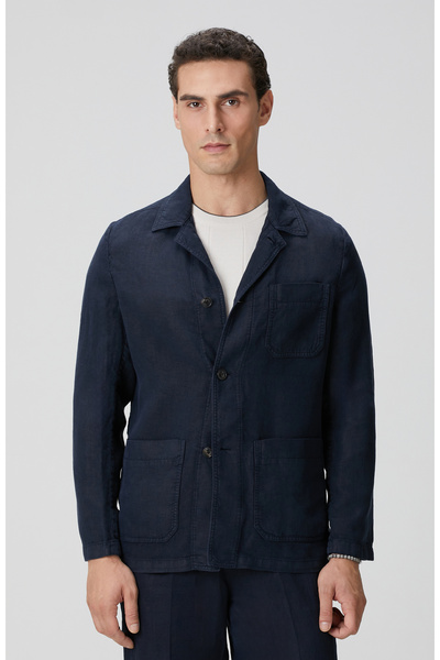 Network Lacivert Cep Detaylı Parça Boya Keten Dış Gömlek