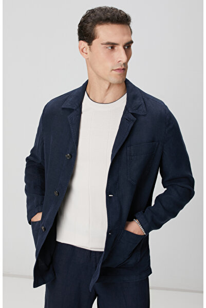 Network Lacivert Cep Detaylı Parça Boya Keten Dış Gömlek