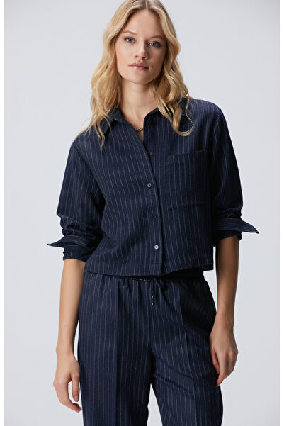 Network Lacivert Çizgili Yün Karışımlı Gömlek