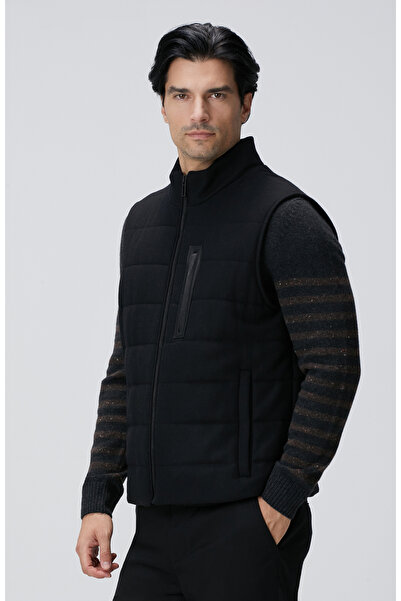 Network Siyah Yün Karışımlı Flanel Dik Yaka Casual Yelek