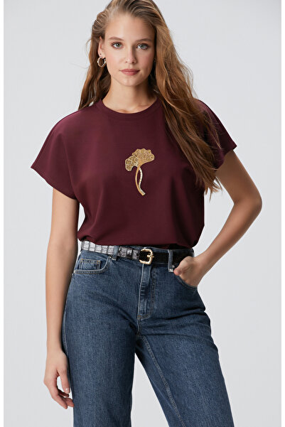 Network Bordo Çiçek Taş İşlemeli T-shirt