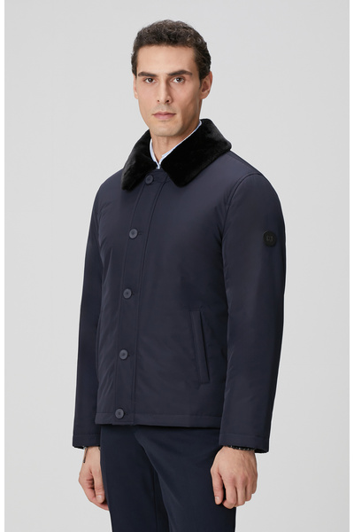 Network Lacivert Yakası Kürk Detaylı Mont
