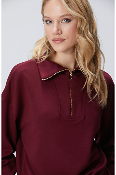 Network Bordo Dik Yaka Fermuarlı Sweatshirt