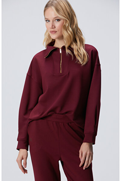 Network Bordo Dik Yaka Fermuarlı Sweatshirt